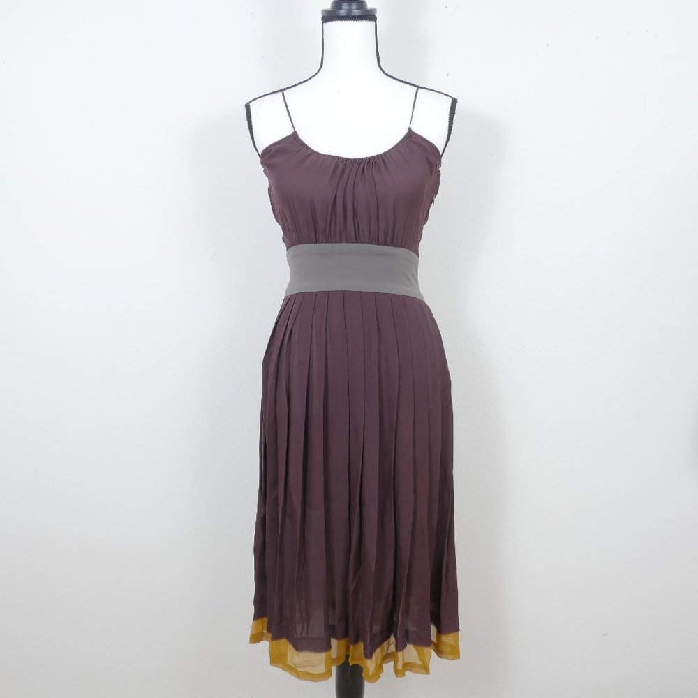 Vena Cava Purple Eggplant Strappy Gray Waist Gold Trim Hem SZ 2 Pleated Dress